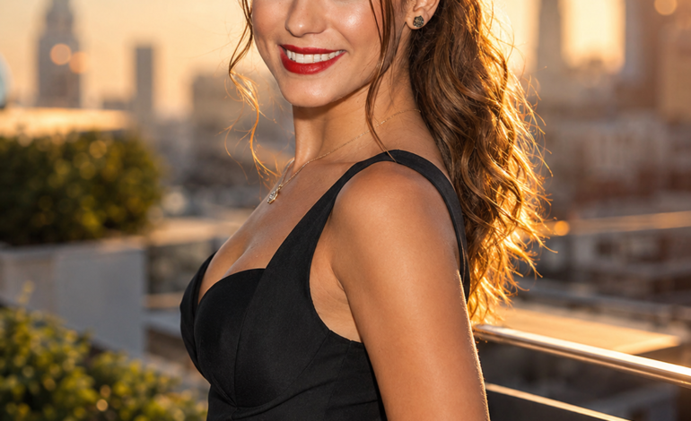 Woman in stylish outfit posing for an elegant studio portrait.
