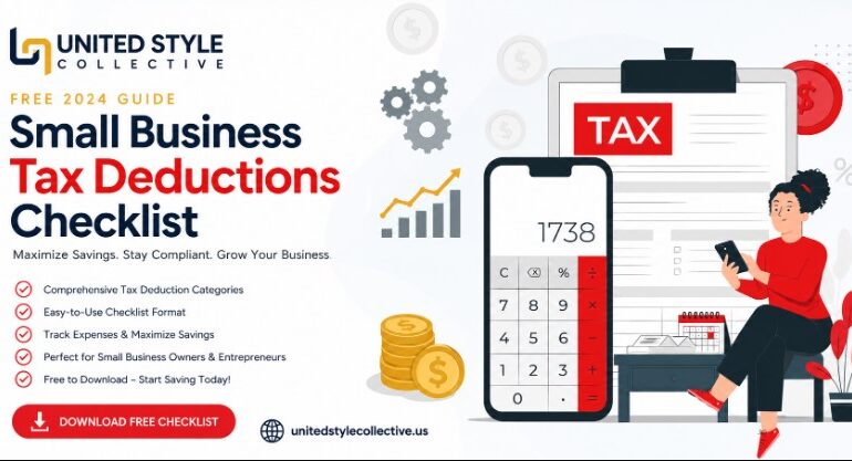Flat lay photo of a physical small business tax deductions checklist 2022 document alongside a calculator.